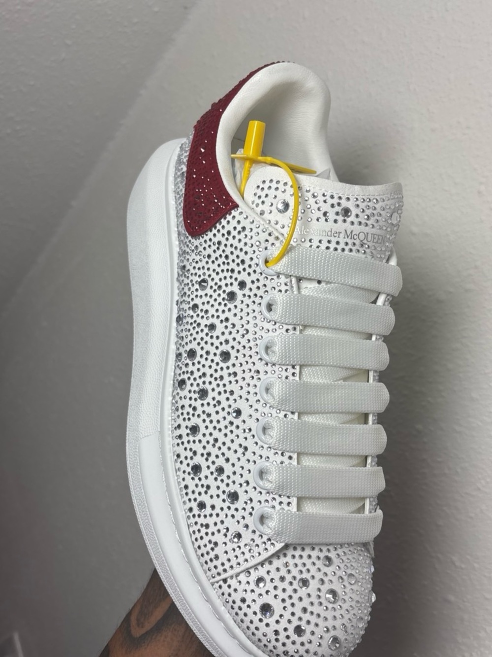 Alexander McQueen White Crystal-Studded Leather Sneaker with Burgundy Heel Tab